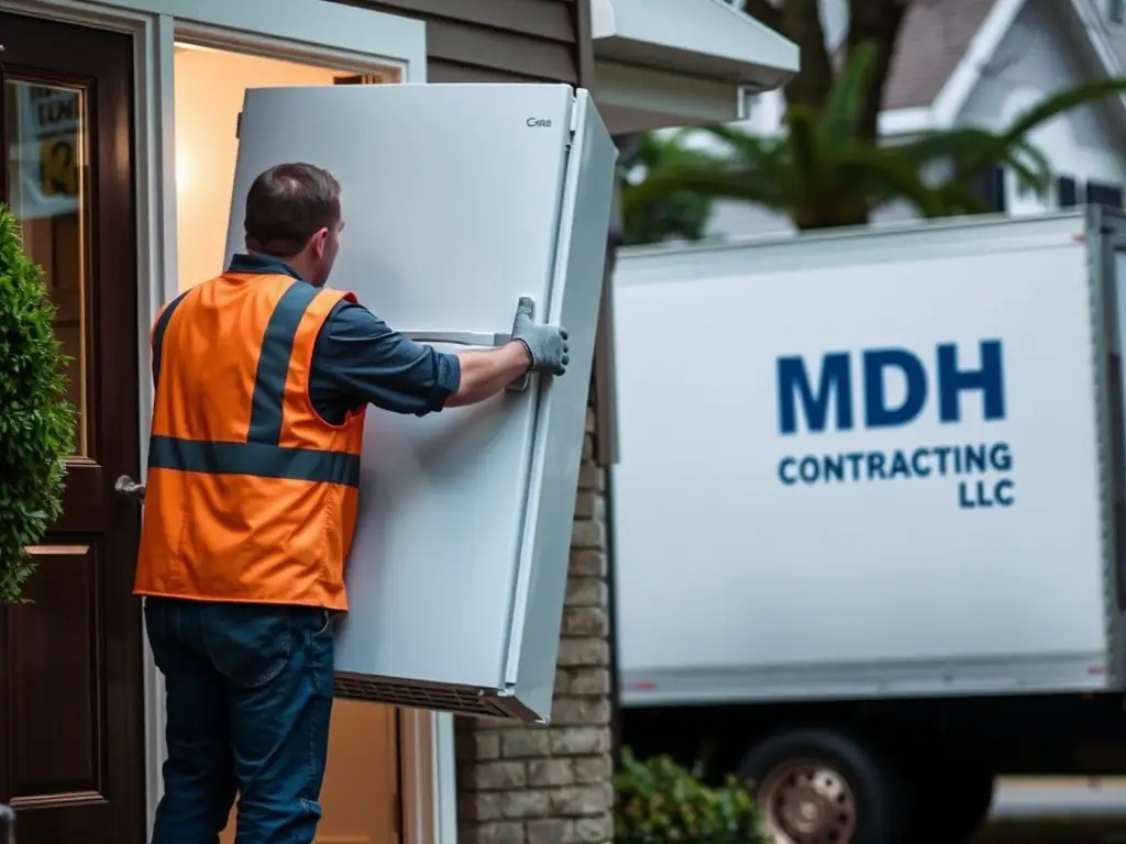 An image showing MDH Contracting LLC safely removing and transporting old appliances, emphasizing their commitment to environmental responsibility.