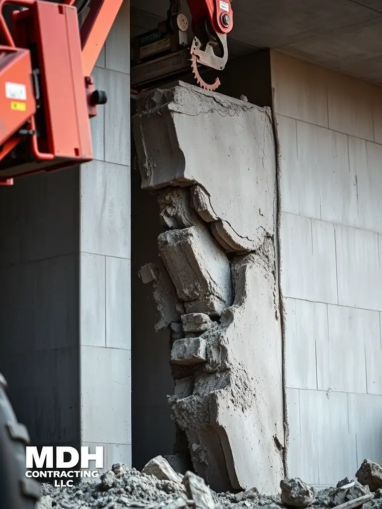 A close-up of a concrete structure being carefully dismantled with specialized equipment, showcasing MDH Contracting LLC's expertise in concrete tear-downs.